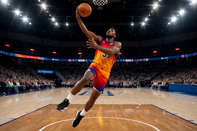 V体育篮球赛事解决方案配图，NBA比赛中球员突破上篮的瞬间画面