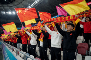 体育场内球迷挥舞旗帜和围巾,营造出热烈的观赛氛围